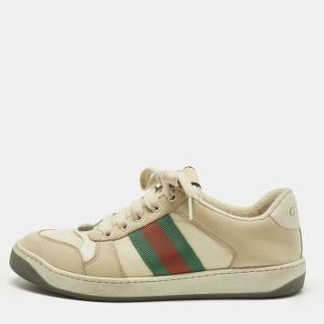Pre Owned Gucci Screener Size 38.5 Grey Leather and Nubuck Leather Low Top Sneakers