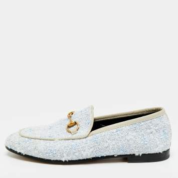 Pre Owned حذاء لوفرز غوتشي هورسبيت جوردان كانفاس جي جي بيج/أزرق وجلد مقاس 36.5