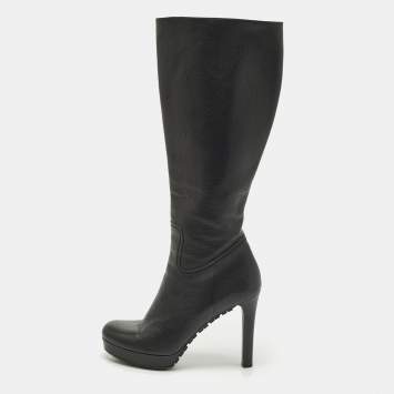 Pre Owned Gucci Size 40 Black Leather Platform Knee Length Boots