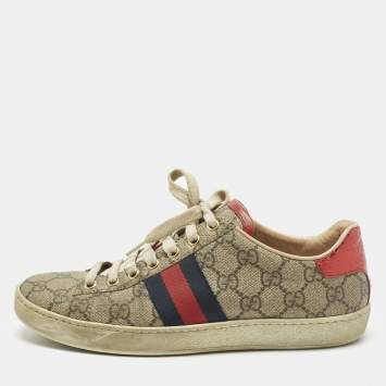 Pre Owned Gucci Ace Size 37 Beige GG Supreme Canvas Low Top Sneakers