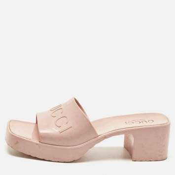 Pre Owned Gucci Size 37 Pink Rubber Logo Slide Sandals