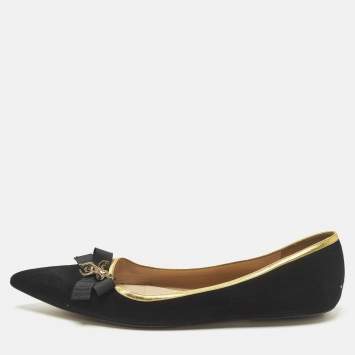 Pre Owned Gucci Size 40.5 Black Leather and Suede  Bee Bow Embellished Pointed Toe Ballet Flats