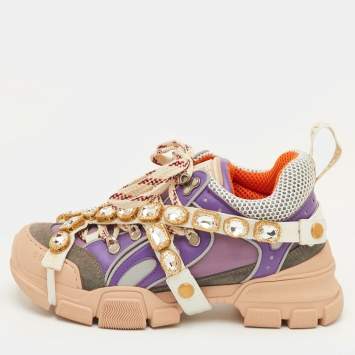 Pre Owned Gucci Flashtrek Size 37.5 Multicolor Mesh and Leather Removable Crystals Sneakers