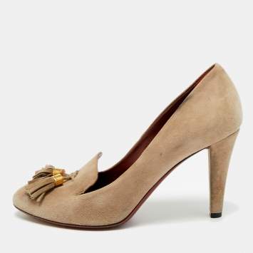 مملوكة مسبقًا حذاء كعب عالي غوتشي ميشا شراشيب نعل سويدي بيج مقاس 36