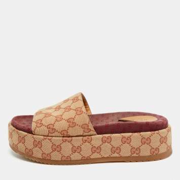 Pre Owned Gucci GG Size 39 Burgundy/Beige Canvas Platform Slide Sandals