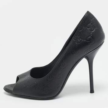 Pre Owned Gucci Size 36 Black Leather Peep Toe Pumps