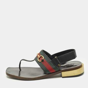Pre Owned Gucci GG Web Size 40 Black Leather Horse bit Thong  Slingback Flat Sandals