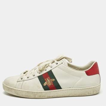 Pre Owned Gucci Ace Web Size 38 White Leather and Python Embossed Low Top Sneakers