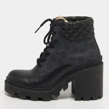 Pre Owned Gucci Size 37 Black Canvas and Leather GG Ankle Boots