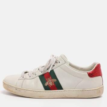 Pre Owned Gucci Ace Size 37 White Leather and Python Embossed Leather Low Top Sneakers