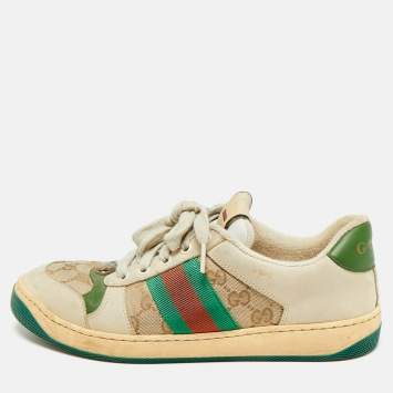 Pre Owned Gucci Screener Size 39 Beige/Green GG Canvas and Nubuck Leather Lace Up Sneakers