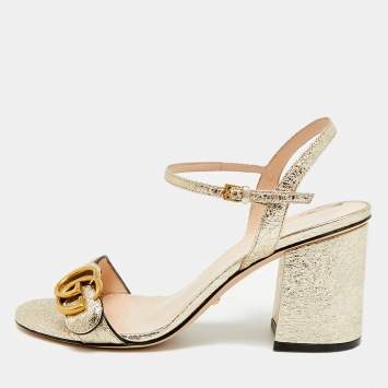 مملوكة مسبقًا صندل كعب كتلة مع حزام كاحل جلد غوتشي GG ذهبي متلألئ مقاس 36