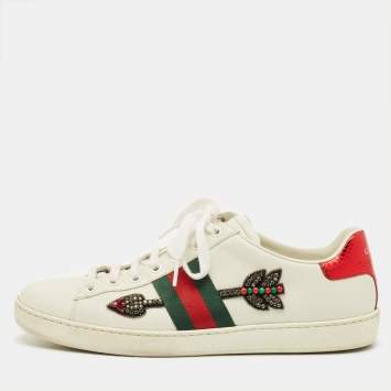 Pre Owned Gucci Ace Size 40 White Leather Web Lace Up Sneakers