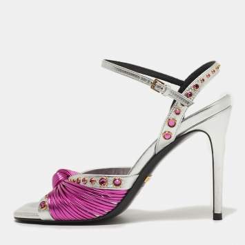 Pre Owned Gucci Size 35 Metallic Silver/Pink Leather Knot Ankle Strap Sandals