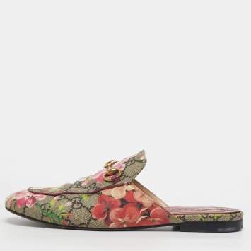 Pre Owned Gucci Size 37 Multicolor Blooms Printed GG Canvas Princetown Mules
