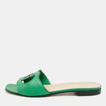 Pre Owned Gucci Interlocking G Size 38.5 Green Leather Cut-Out Flat Slide Sandals