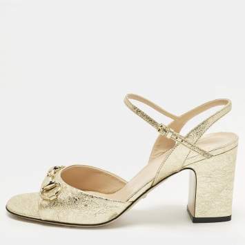 مملوكة مسبقًا Gucci GG Marmont Size 39.5 Gold Foil Leather Ankle Strap Block Heel Sandals