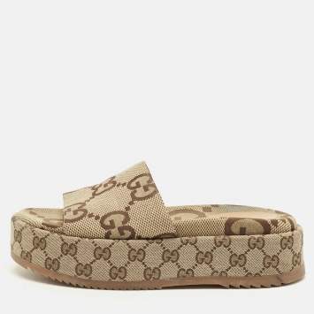Pre Owned Gucci Maxi Size 38 Beige/Brown GG Canvas Platform Slide Sandals