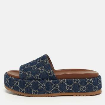 Pre Owned Gucci Size 38.5 Navy Blue GG Denim Platform Slide Sandals