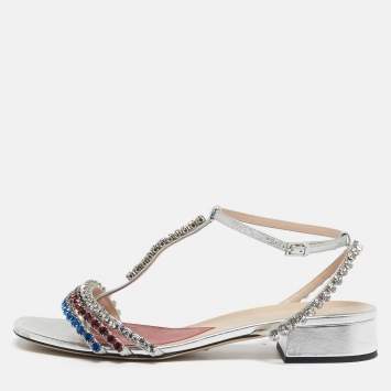 Pre Owned Gucci Size 38 Silver Leather Crystal Embellished Ankle Strap Sandals