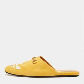Pre Owned Gucci Trefoil Size 42 Yellow Leather and Suede Flat Mules