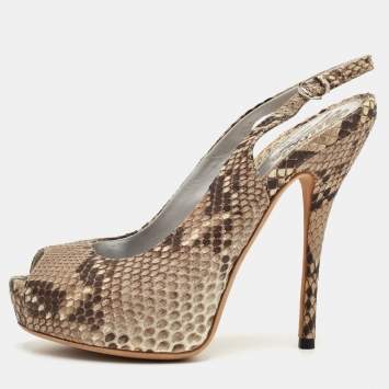 مملوكة مسبقًا Gucci Sofia Size 36 Grey/Brown Python Leather Peep Toe Platform Slingback Sandals