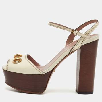 Pre Owned Gucci Horsebit Size 36 White Leather Ankle Strap Platform Sandals