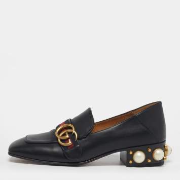 Pre Owned Gucci Double G Size 37 Black Leather Web Loafers