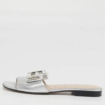 Pre Owned Gucci Madelyn Size 35.5 Silver Leather Flat Slide