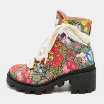 مملوكة مسبقًا Gucci Size GG 35.5 Multicolor Floral Print Canvas Ankle Length Boots