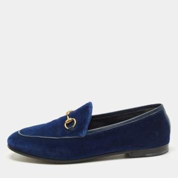 Pre Owned Gucci Jordaan Size 37.5 Blue Leather and Velvet Loafers