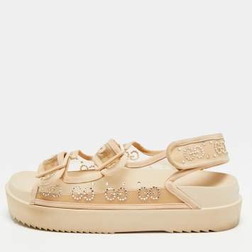Pre Owned Gucci GG Size 39 Beige Mesh and Suede Crystal Slingback Sandals