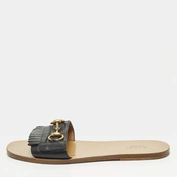 Pre Owned Gucci Horsebit Size 38.5 Black Fringe Leather Flat Slides
