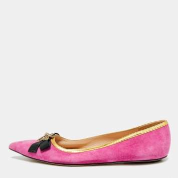 Pre Owned Gucci Size 38 Pink Leather and Suede Bow Bee Embellished Ballet Flats