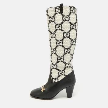 Pre Owned Gucci Zumi Size 38 Black/White GG Tweed and Leather Knee Length Boots