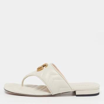 Pre Owned Gucci GG Marmont Size 37 White Leather Thong Flat Sandals