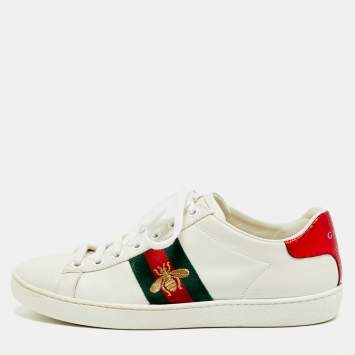Pre Owned Gucci Ace Size 35 White Leather and Python Embossed Web Lace Up Sneakers
