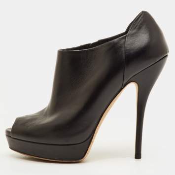 Pre Owned حذاء بوت غوتشي جلد أسود بكعب سميك بطول الكاحل مقاس 38 مفتوح من الأمام