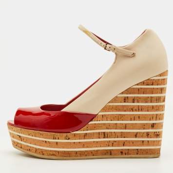 Pre Owned Gucci Size 38.5 Red/Cream Patent Leather Cork Platform Wedge Mary Jane Peep Toe Pumps