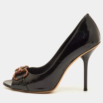 Pre Owned حذاء كعب عالي غوتشي مقدمة مفتوحة بيت جلد أسود براءة اختراع حجم 36 قشرة سلحفاة بيت 