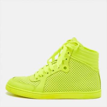Pre Owned Gucci Coda  Neon  Size 36 Green Perforated Leather High Top Sneakers