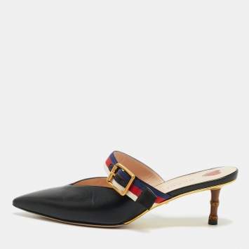 مملوكة مسبقًا Gucci Size 36.5 Black Leather Web Pointed Toe Bamboo Heel Mules