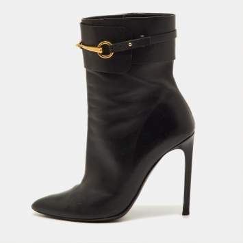 مملوكة مسبقًا Gucci Horsebit Accent Size 39 Black Leather Pointed Toe Mid Calf Boots