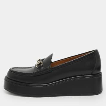 Pre Owned Gucci Jordaan Size 37 Black Leather Platform Loafers