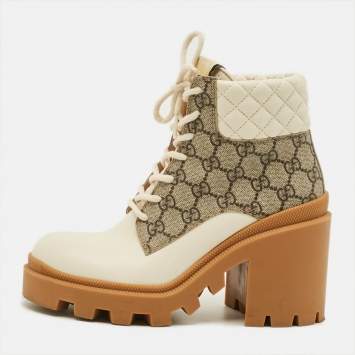 مملوكة مسبقًا Gucci Size 37 Cream/Brown Canvas and Leather Ankle Length Boots