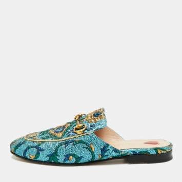 Pre Owned Gucci Princetown Size 35 Multicolor Brocade Fabric Mules