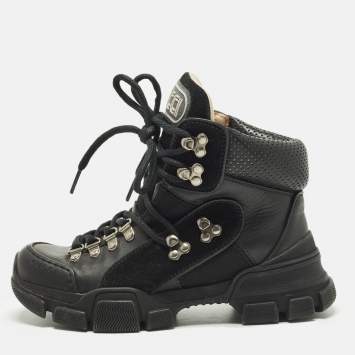 Pre Owned Gucci Flashtrek Size 35 Black Leather Suede Ankle Length Boots