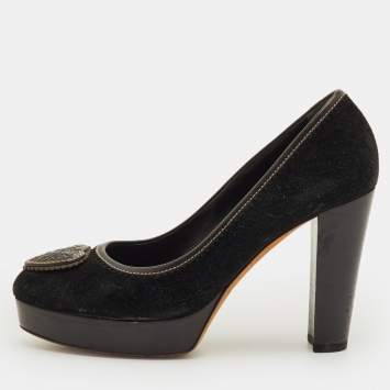 Pre Owned حذاء كعب عالي غوتشي هستيريا بشعار أسود شامواه نعل سميك مقاس 37.5