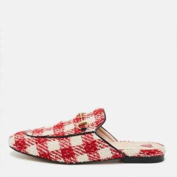 Pre Owned Gucci Princetown Size 38.5 Red/White Tweed Horsebit Mules