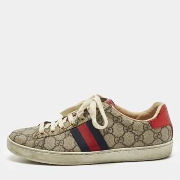 Pre Owned Gucci Ace Web Size 38.5 Beige/Brown GG Coated Canvas and Python Embossed Lace Up Sneakers